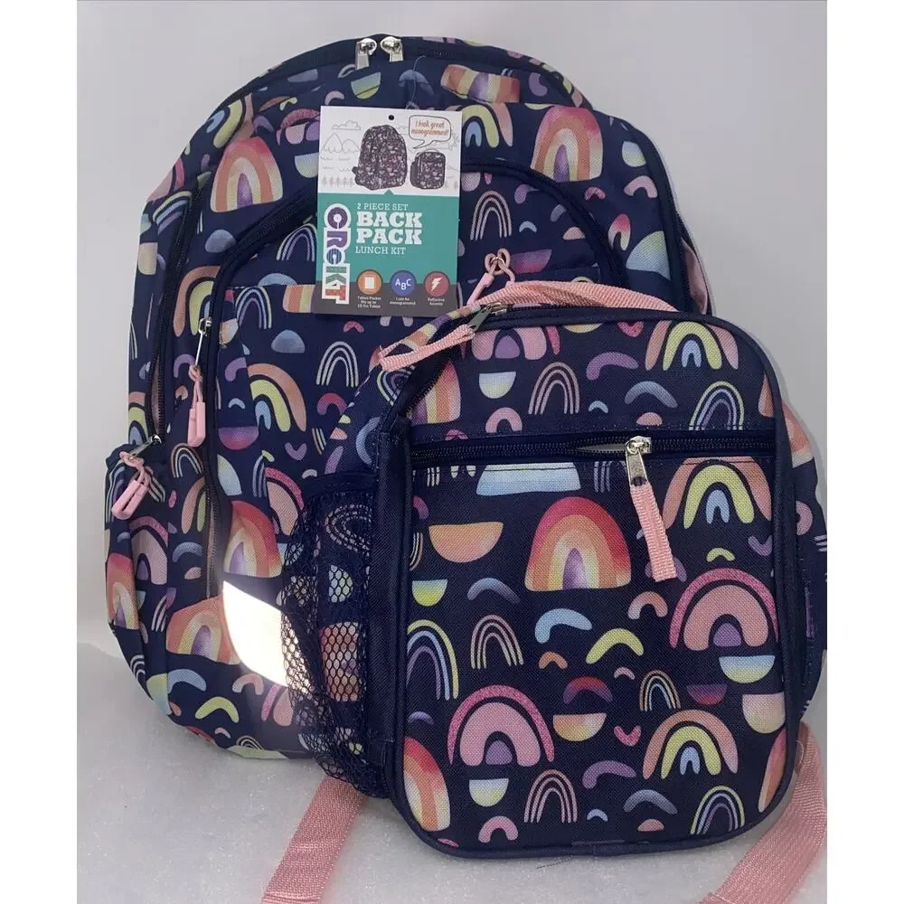 Girls Rainbow Backpack Lunch Box Set 2 Pc School Bag Tablet Pocket New